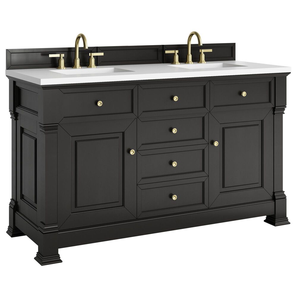 James Martin Vanities Brookfield 60" Double Bathroom Vanity in Black Onyx with 3 cm White Zeus Quartz Top and Rectangular Sinks, , large