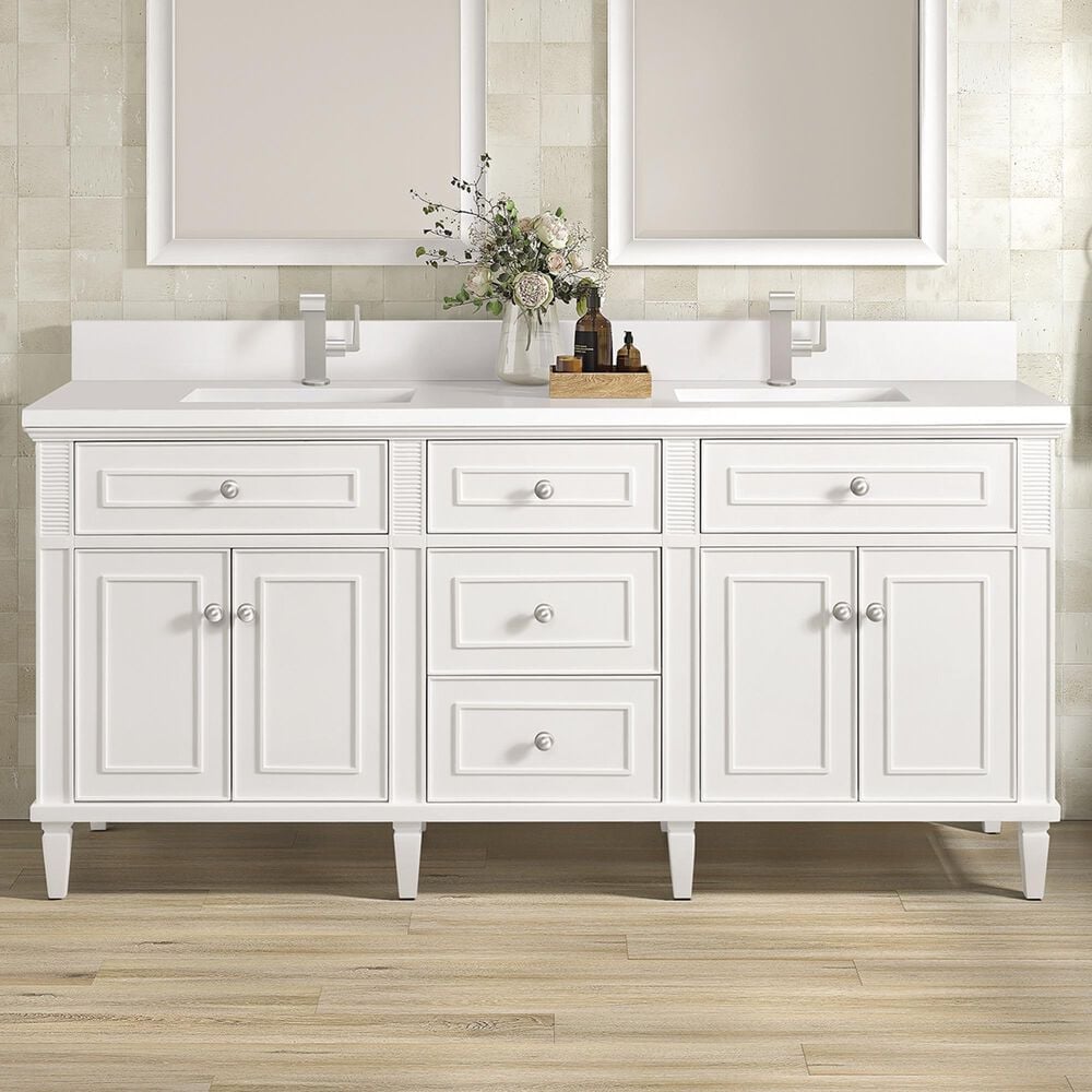 James Martin Vanities Lorelai 72&quot; Double Vanity in Bright White with Single Hole 3 cm White Zeus Quartz Top &amp; Backsplash, , large