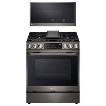 LG 2-Piece Kitchen Package with 6.3 Cu. Ft. Gas Range and Over-the-Range Microwave in Print Proof Black Stainless Steel, , large