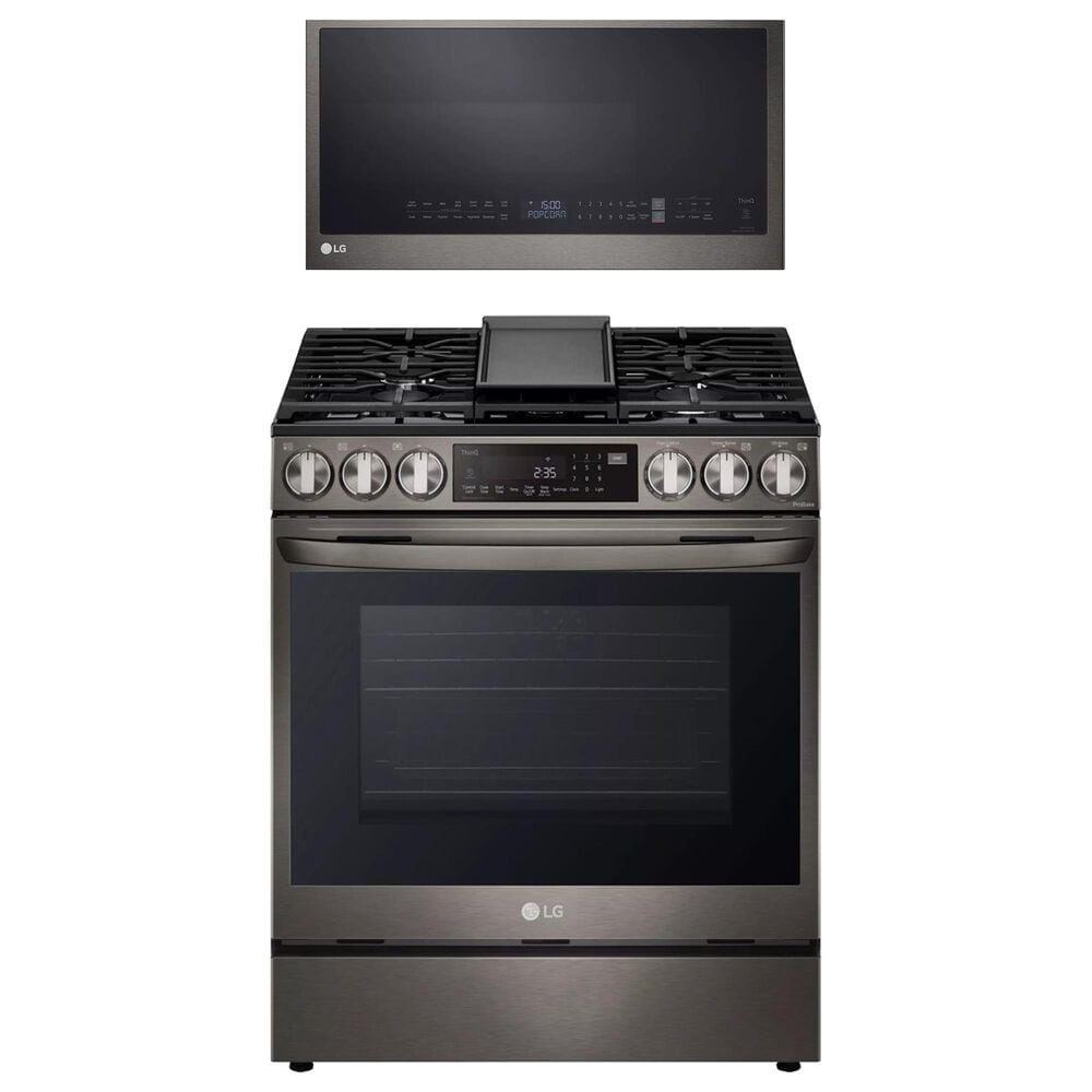 LG 2-Piece Kitchen Package with 6.3 Cu. Ft. Gas Range and Over-the-Range Microwave in Print Proof Black Stainless Steel, , large