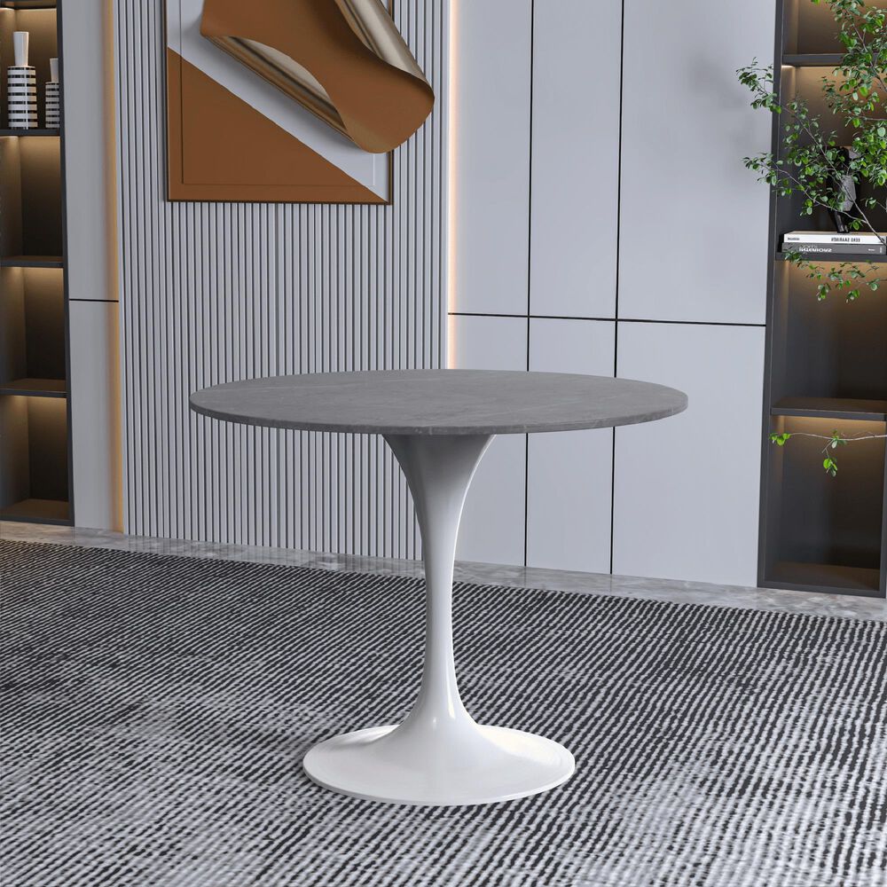 Leisuremod LeisureMod Verve Collection 36 Round Dining Table, White Base with Sintered Stone Grey Top, , large