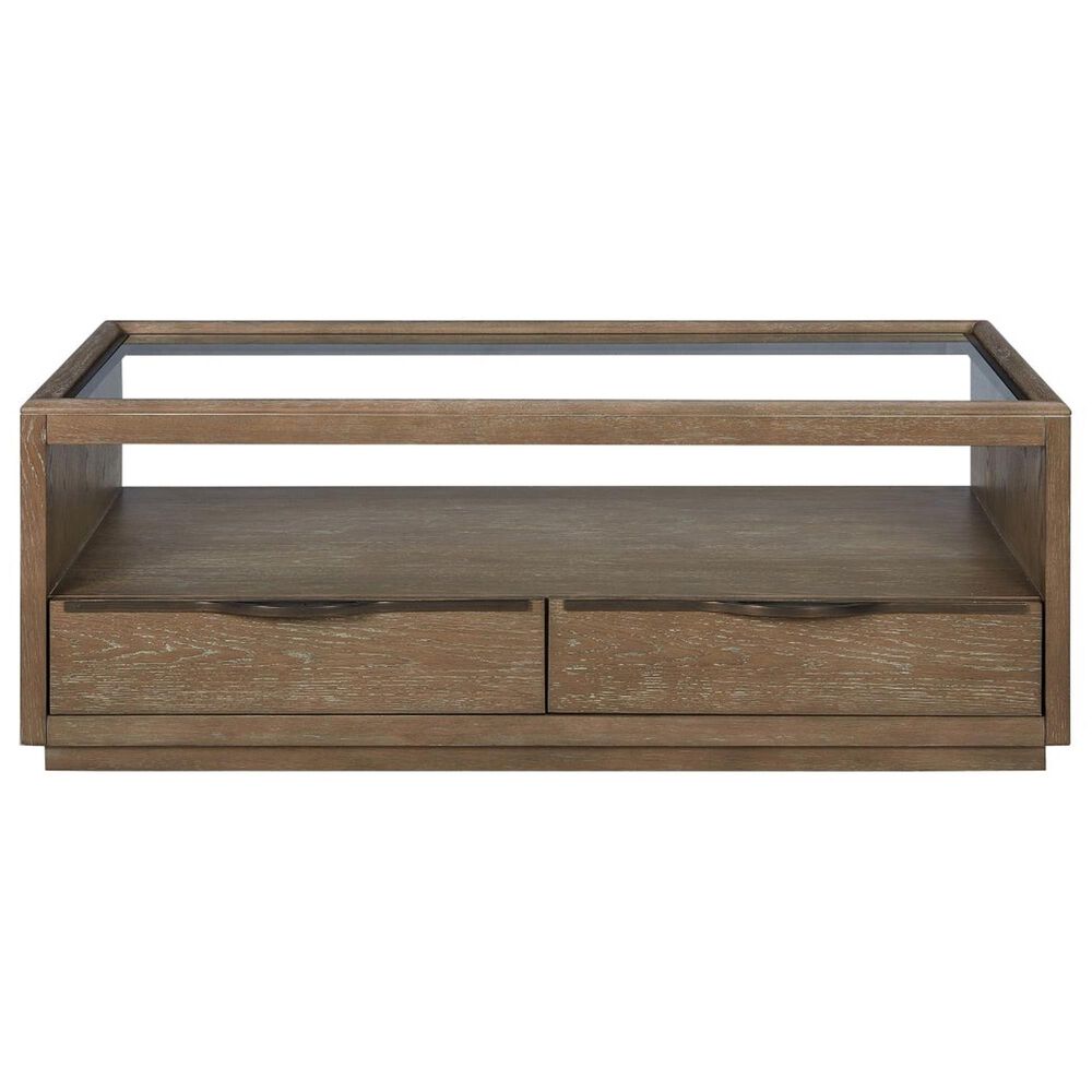 Bernards Furniture Trilogy 2-Drawer Glass Top Cocktail Table in Rich Cocoa and Clear, , large