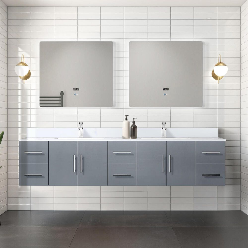 Lexora Home Geneva 84&quot; Double Bathroom Vanity in Dark Grey with 2 cm White Cultured Marble Top and Rectangular Sinks, , large