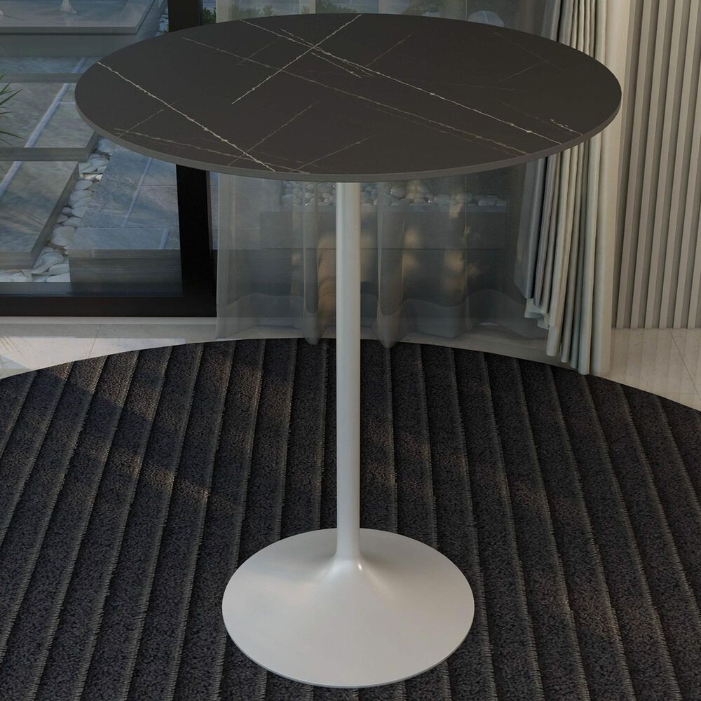 Leisuremod LeisureMod Verve Collection Modern Bar Height Table White Base with 36 Round Black Marbelized Sintered Stone Top, , large