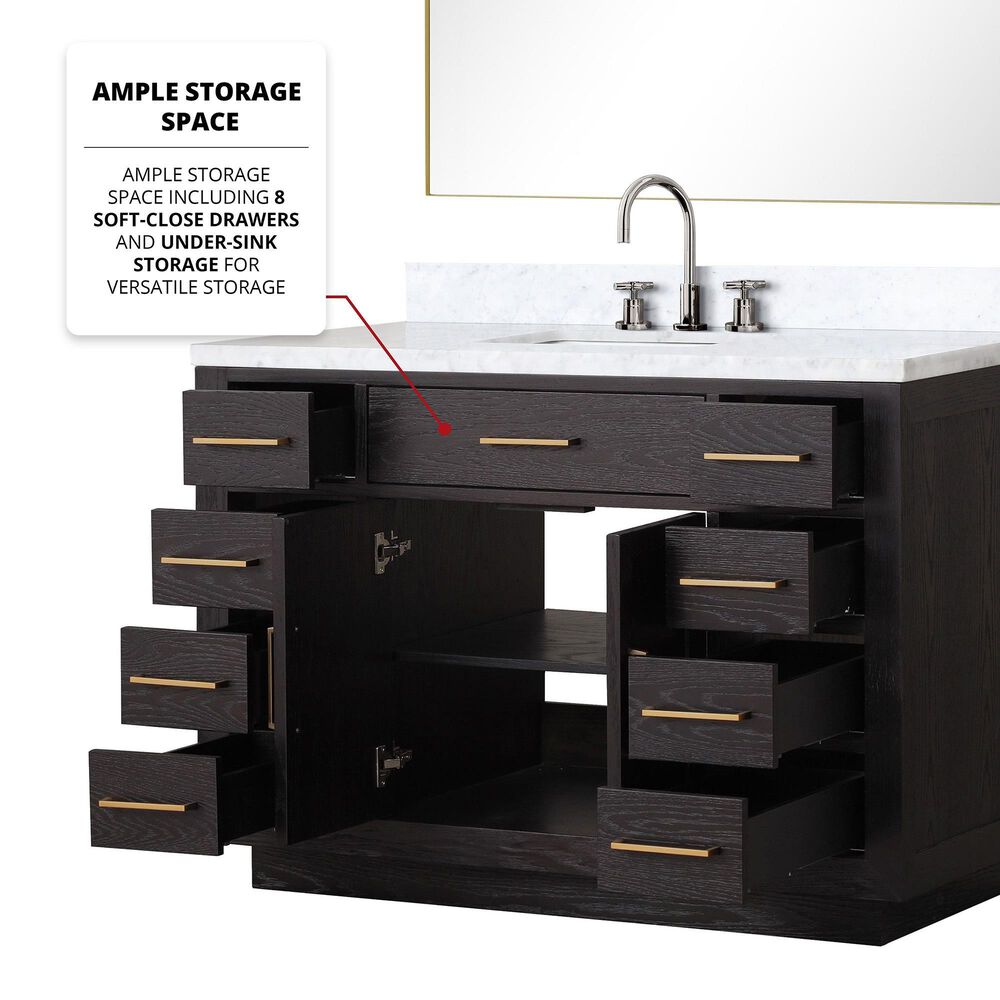 Lexora Home Abbey 48&quot; Single Bathroom Vanity in Black Oak with 2 cm White Carrara Marble Top and Rectangular Sink, , large
