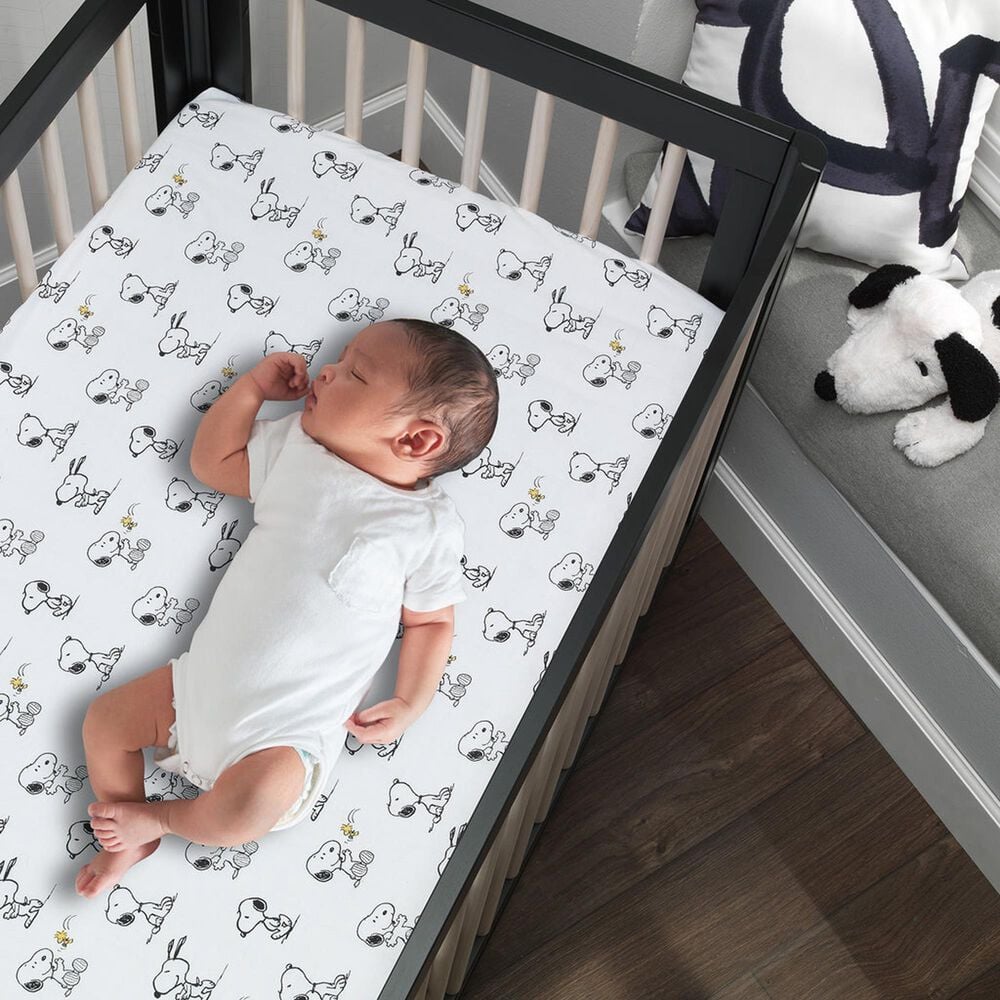 Lambs &amp; Ivy Classic Snoopy Fitted Baby Crib Sheet in White and Black, , large