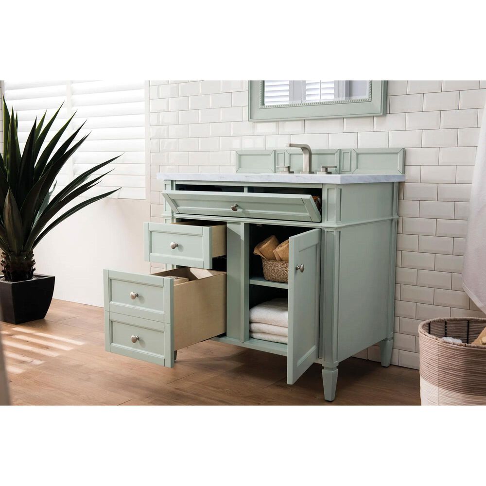 James Martin Vanities Brittany 36&quot; Single Bathroom Vanity in Sage Green with 3 cm Carrara White Marble Top and Rectangle Sink, , large