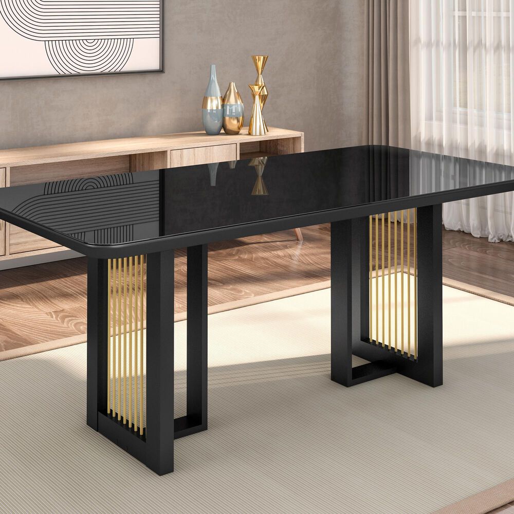 Rta Products Llc Modern Dining Table with Painted Glass Top in Black and Gold, , large