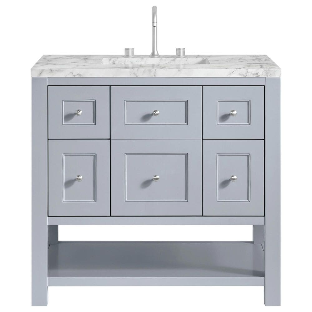 James Martin Vanities Breckenridge 36" Single Bathroom Vanity in Serenity Blue with 3 cm Carrara White Marble Top and Rectangular Sink, , large