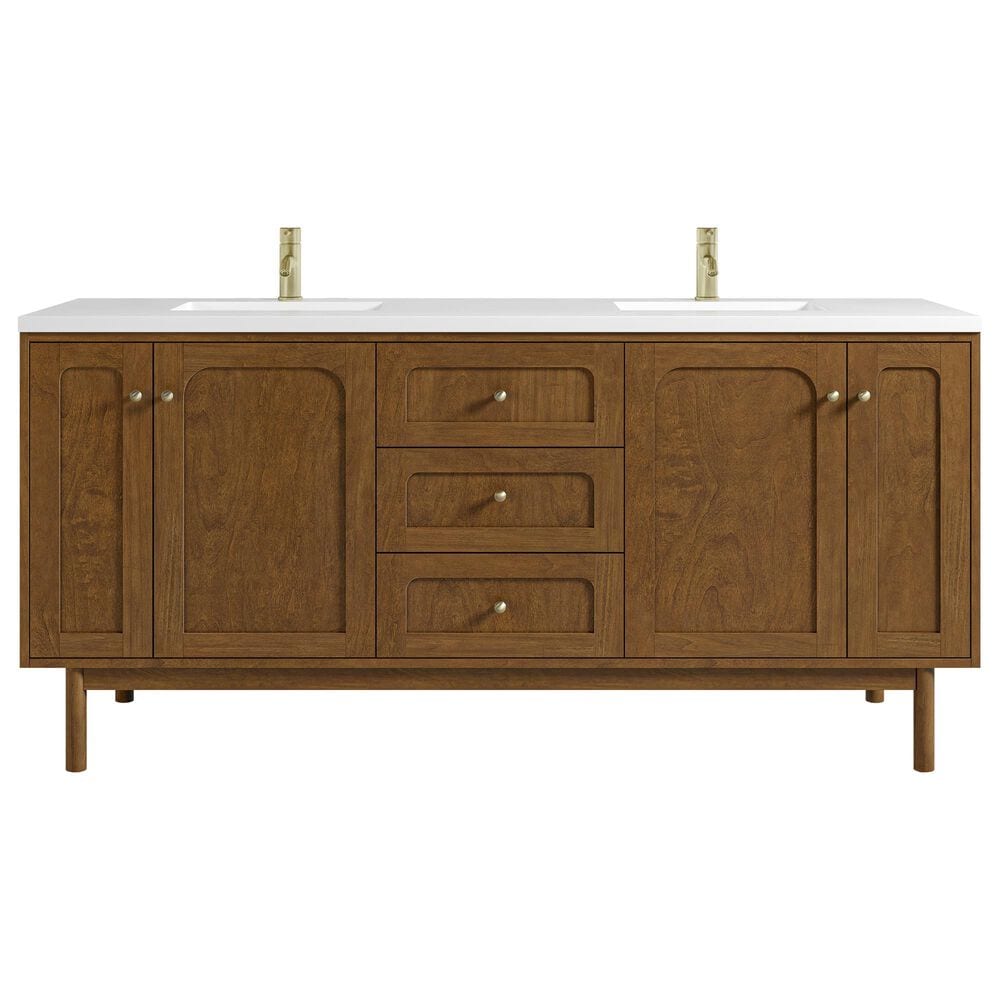 James Martin Laurent 72" Double Bathroom Vanity in Honey Oak with Single Hole 3 cm White Zeus Silestone Top and Rectangular Sinks, , large