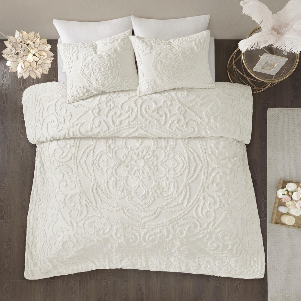 Hampton Park Laetitia 3-Piece Full/Queen Tufted Cotton Chenille Medallion Comforter Set in Off-White, , large