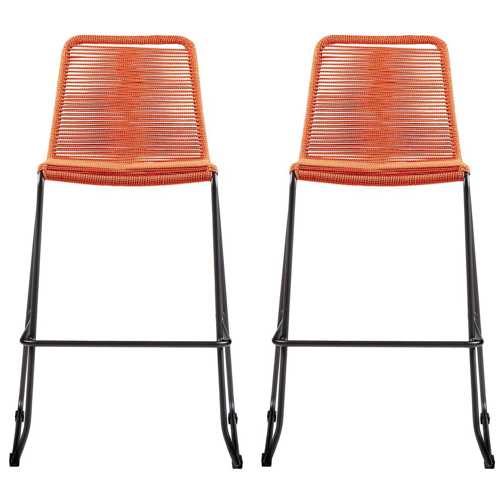 Armen Living Shasta Patio Bar Stool with Tangerine Rope Seat in Black (Set of 2), , large