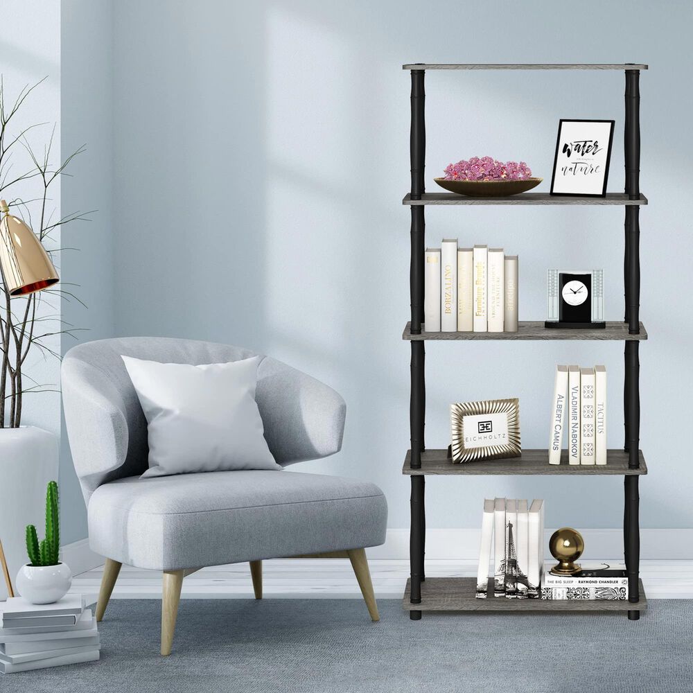 HOMLUX Turn-N-Tube 5-Tier Open Storage Bookshelf in French Oak and Black, , large