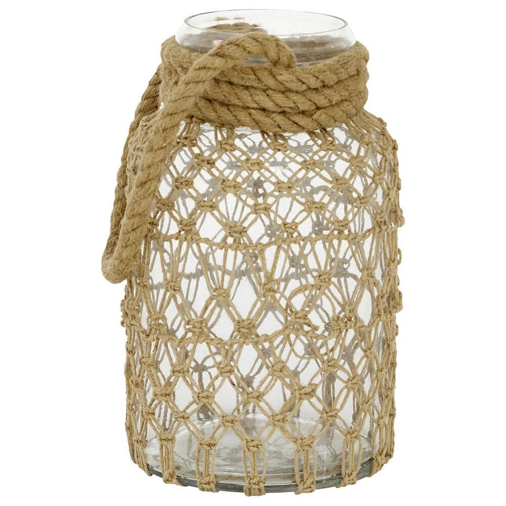 Maple and Jade 12&quot; Decorative Indoor/Outdoor Candle Lantern with Rope Handle in Clear and Brown, , large