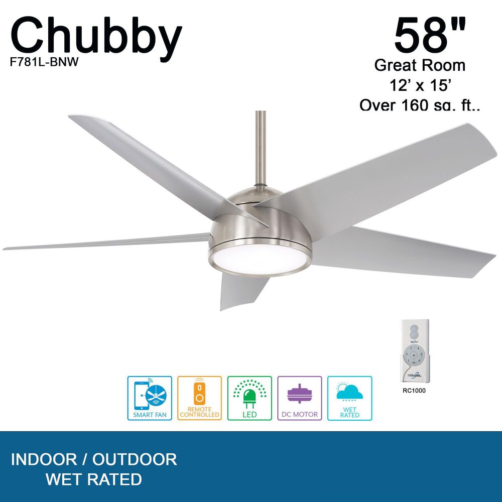 Minka-Aire Chubby 58" Smart Indoor/Outdoor Ceiling Fan in Brushed Nickel Wet, , large
