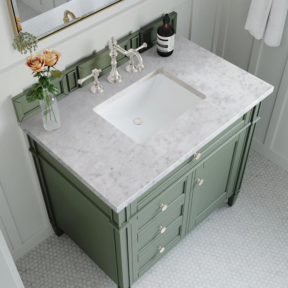 James Martin Vanities Brittany 36&quot; Single Bathroom Vanity in Smokey Celadon with 3 cm Carrara White Marble Top and Rectangular Sink, , large