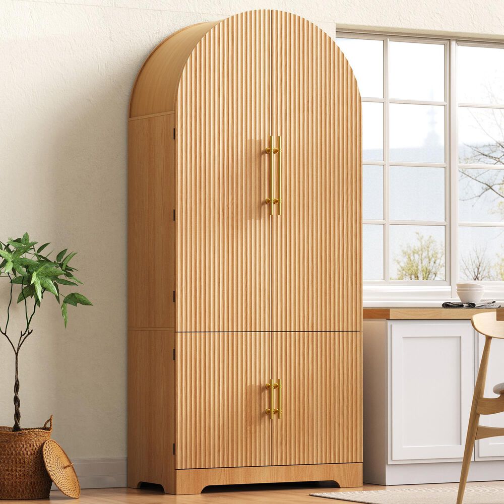 HOMLUX 72" Tall Arched Kitchen Pantry Cabinet in Natural, , large