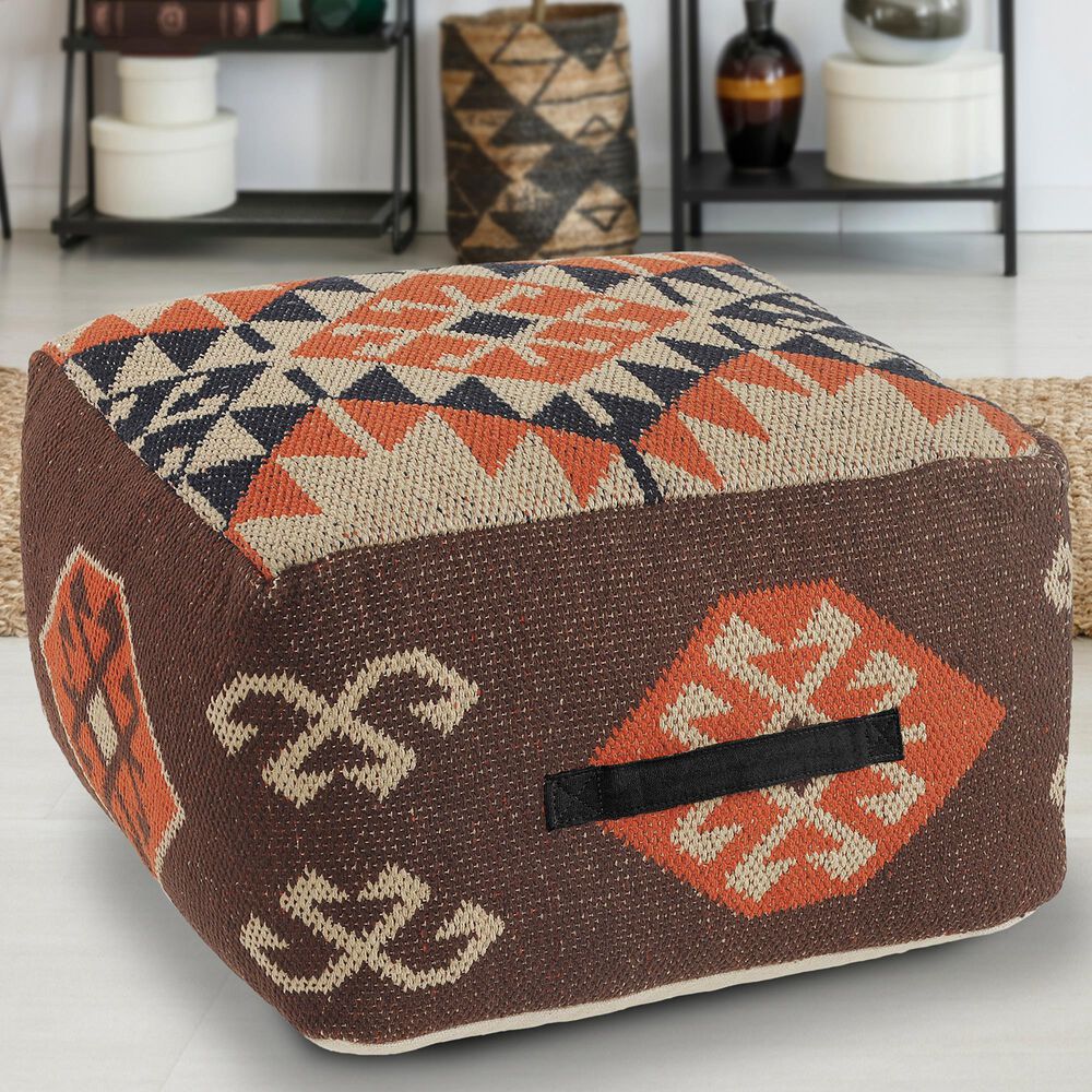 LR Home 18" Square Kilim Pouf in Brown and Orange, , large