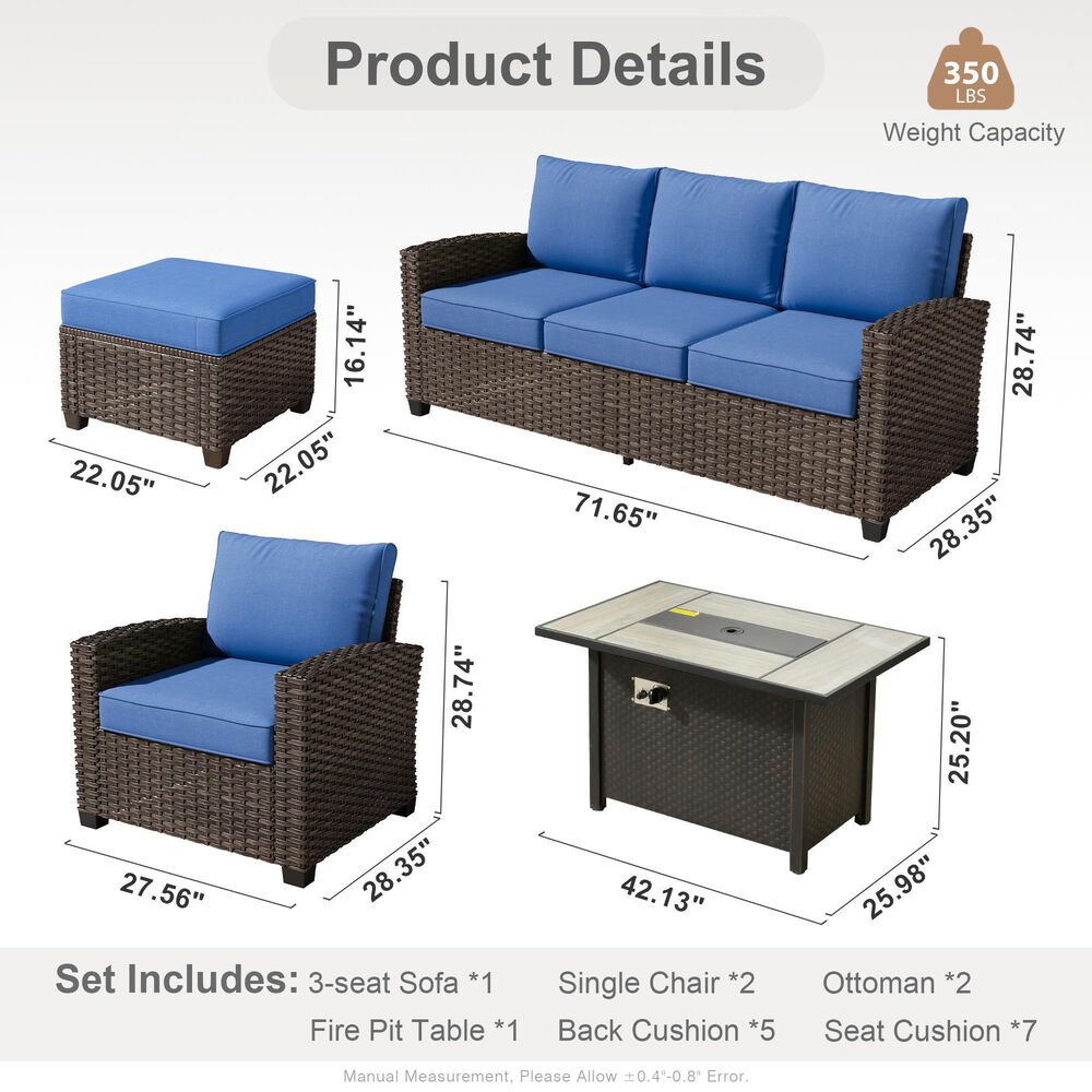 HOMLUX 6-Piece Patio Conversation Set with 42" Fire Pit Table and Light Brown Wicker in Navy Blue, , large