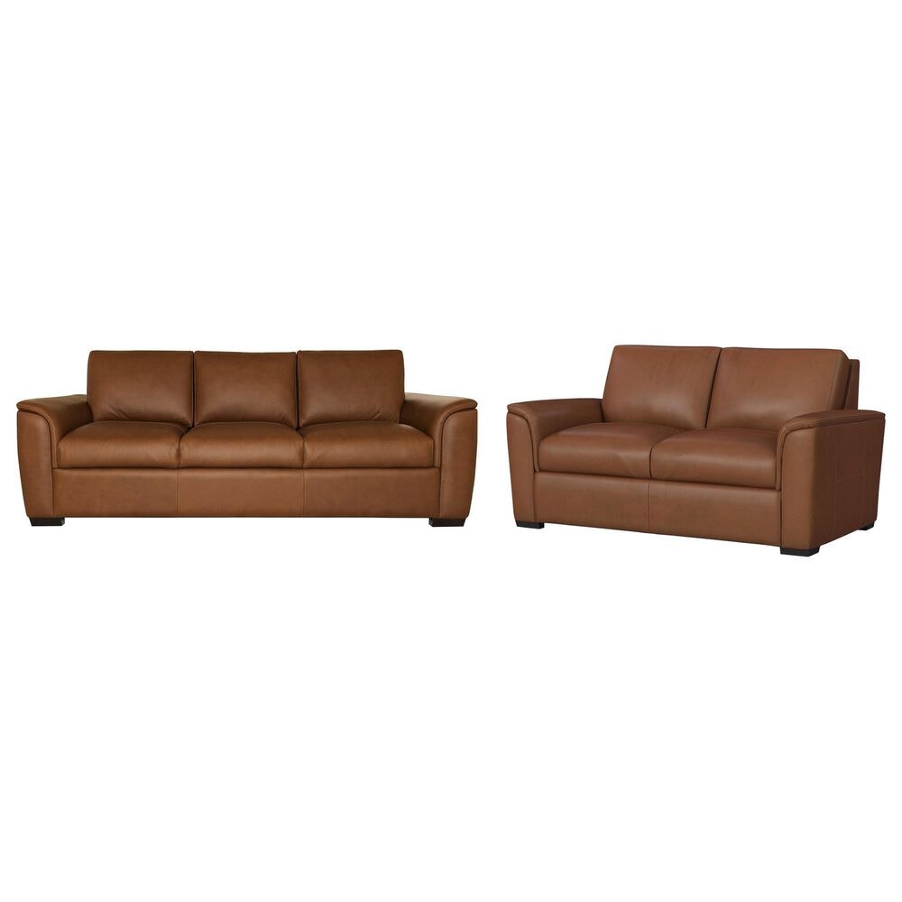 Flexsteel Henry Stationary Leather Sofa and Loveseat Set in Caramel, , large