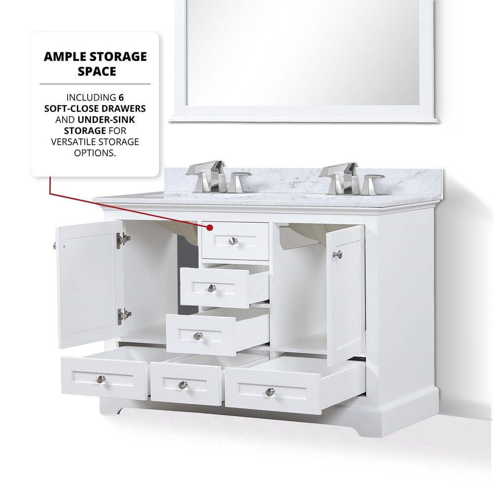 Lexora Home Dukes 48&quot; Double Bathroom Vanity in White with 2 cm White Carrara Marble Top and Rectangular Sinks, , large
