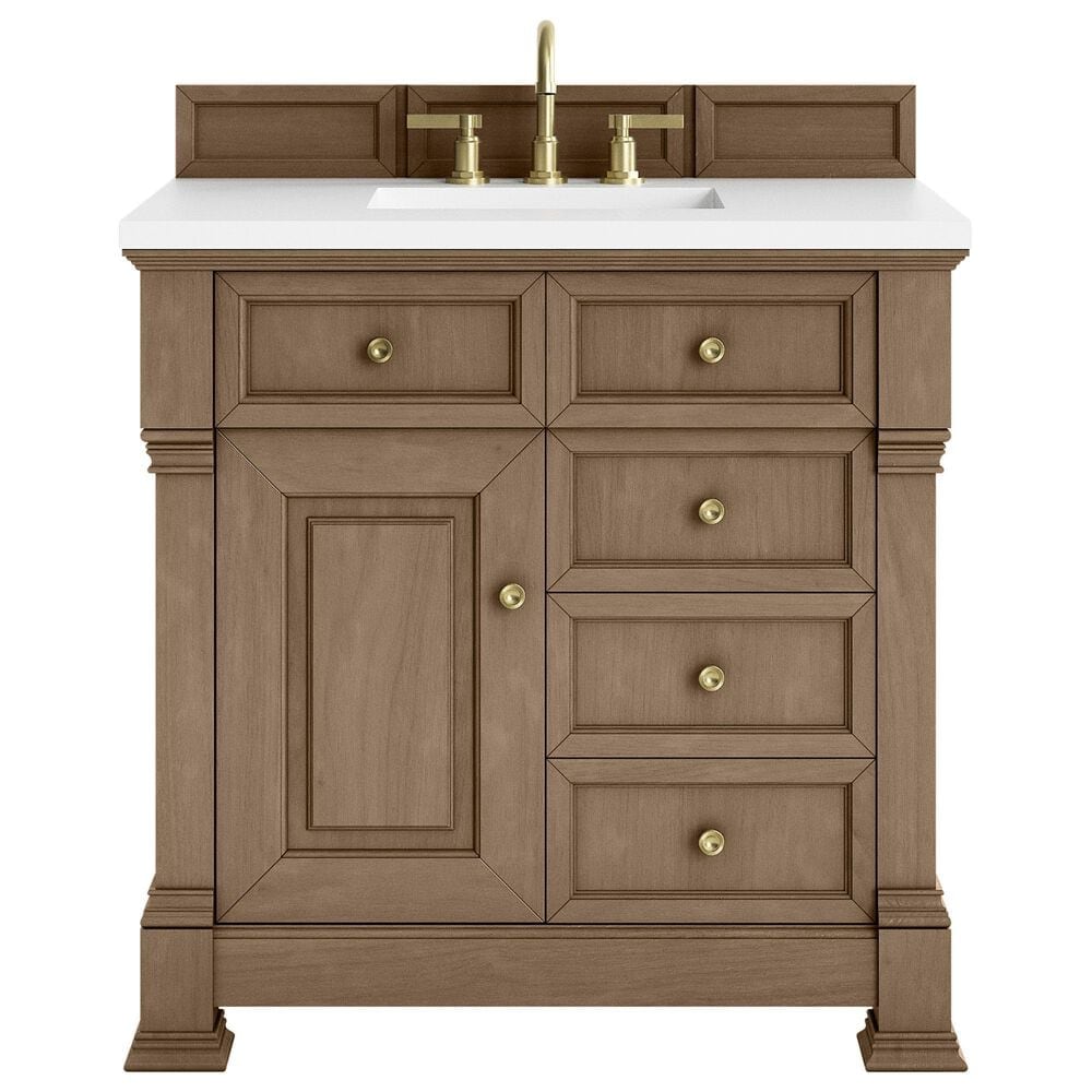 James Martin Vanities Brookfield 36&quot; Single Bathroom Vanity in Pecan with 3 cm White Zeus Quartz Top and Rectangular Sink, , large