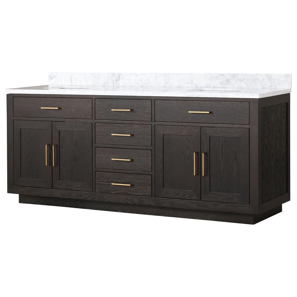 Lexora Home Abbey 80" Double Bathroom Vanity in Brown Oak with 2 cm White Carrara Marble Top and Rectangular Sinks, , large