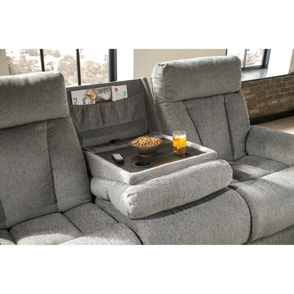 Ashley Mitchiner Manual Recliner Sofa with Drop Down Table in Fog, , large