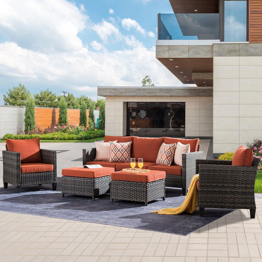 HOMLUX HOMLUX 5-Piece Outdoor Wicker Patio Furniture Set, High Back Rattan Sofa with Chairs, Ottomans &amp; Cushions in Orange Red, , large