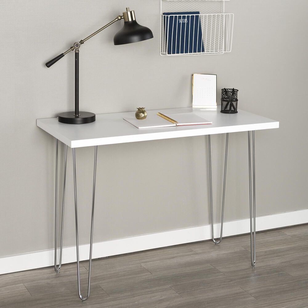 Walker Edison Hairpin 42&quot; Writing Desk in Chrome and White, , large