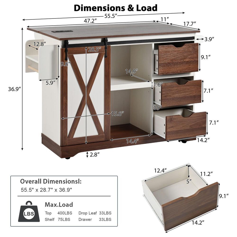 HOMLUX 56" Kitchen Island with Drop Leaf in White, , large