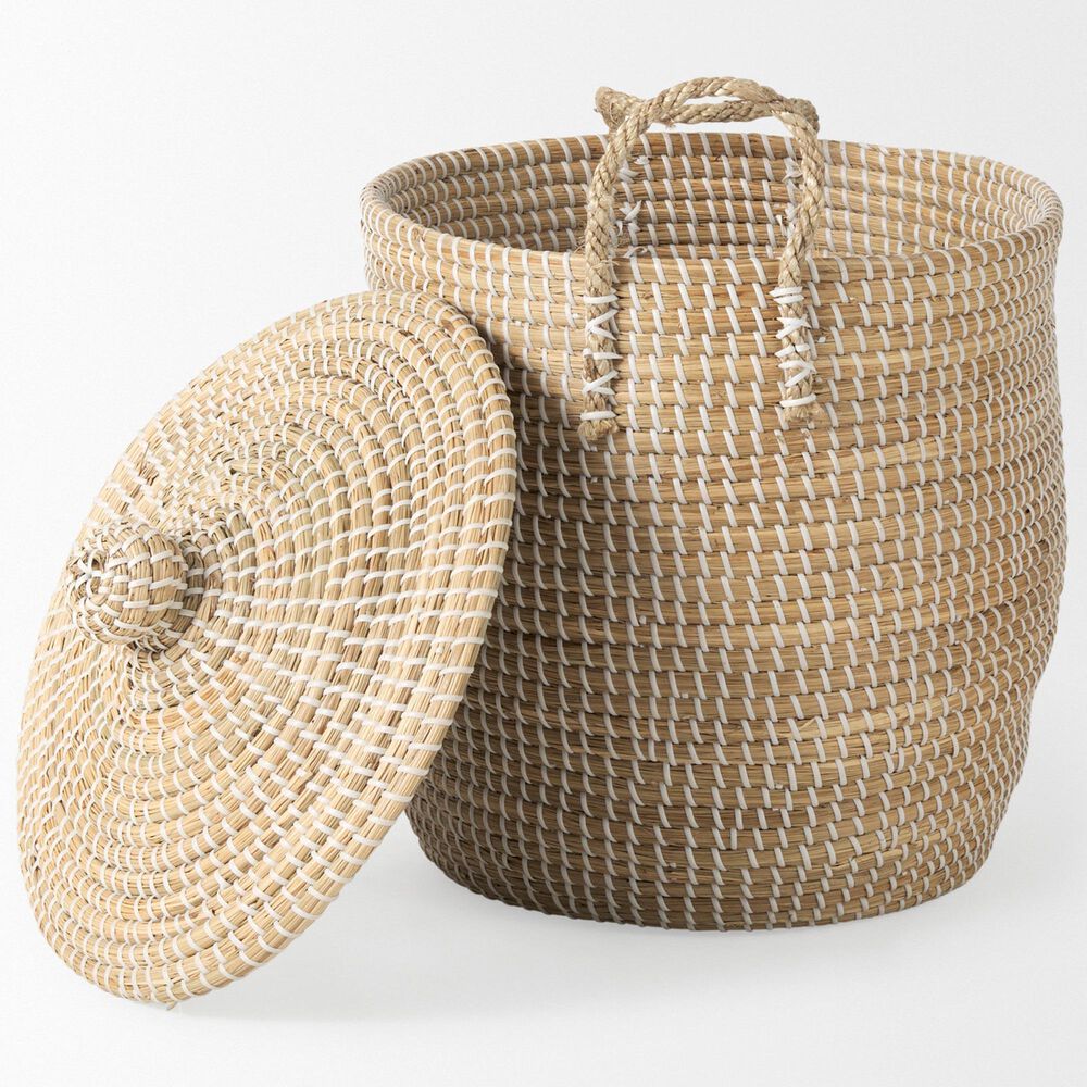 Mercana Olivia Basket with Lid and Handles in Beige (Set of 3), , large