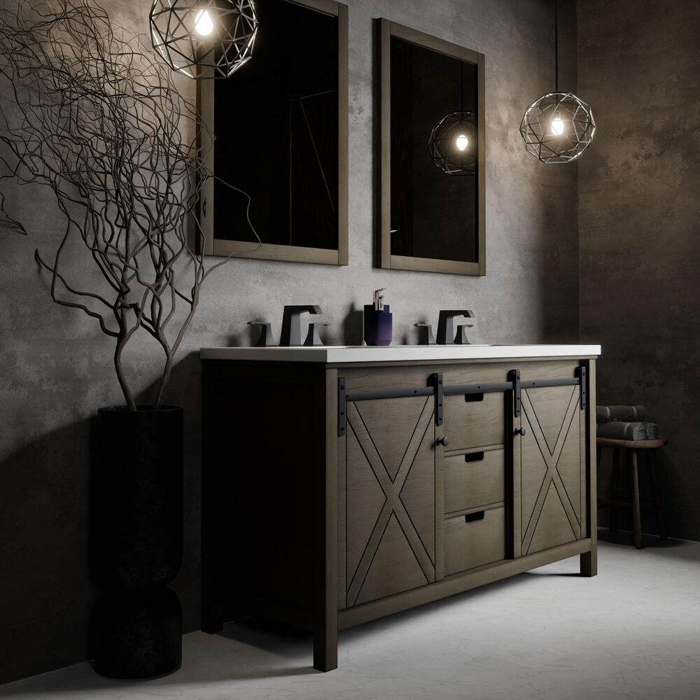 Lexora Home Marsyas 60" Double Bathroom Vanity in Rustic Brown with White Quartz Top and Rectangular Sinks, , large