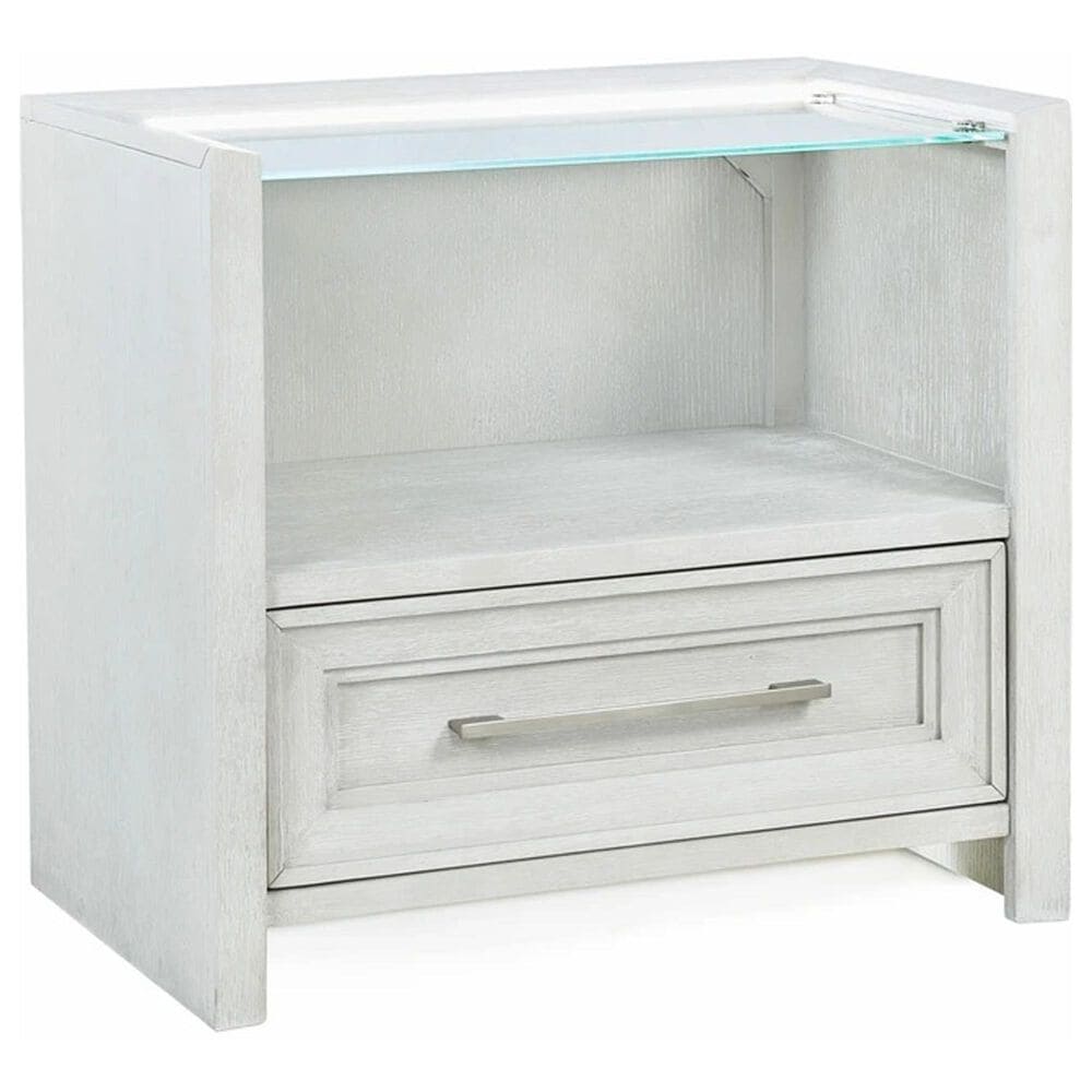 Sasha Lee 1-Drawer Wood and Glass Nightstand with LED Lighting in Brushed White, , large