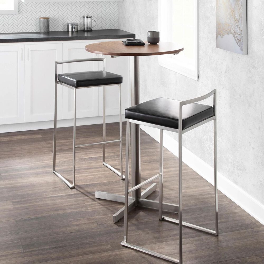 Lumisource Fuji Stackable Barstool with Black Faux Leather in Brushed Stainless Steel &#40;Set of 2&#41;, , large