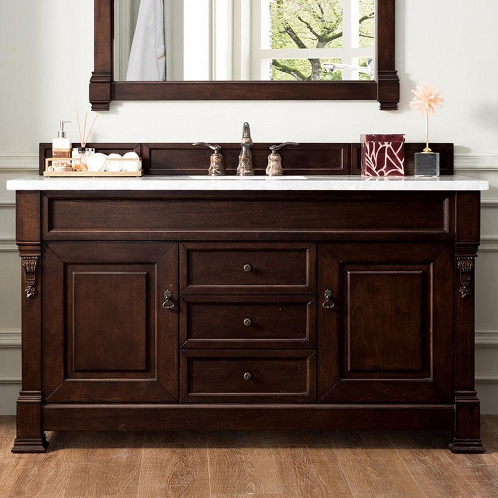 James Martin Vanities Brookfield 60&quot; Single Bathroom Vanity in Burnished Mahogany with 3 cm Carrara White Marble Top and Rectangle Sink, , large