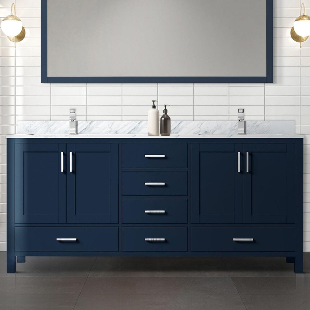 Lexora Home Jacques 72" Double Bathroom Vanity in Navy Blue with 2 cm White Carrara Marble Top and Rectangular Sinks, , large
