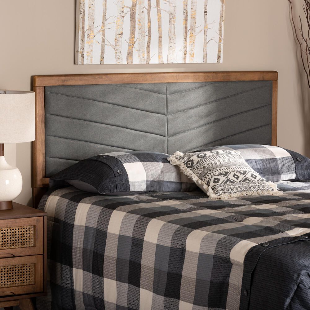Baxton Studio Iden Queen Panel Headboard with Dark Grey Fabric in Walnut Brown, , large