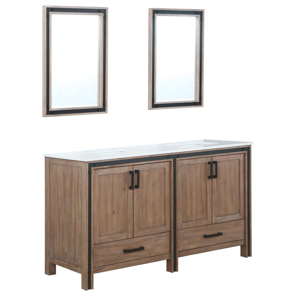 Lexora Home Ziva 60" Double Bathroom Vanity in Rustic Barnwood with White Cultured Marble Top, Rectangle Sinks and Mirrors, , large