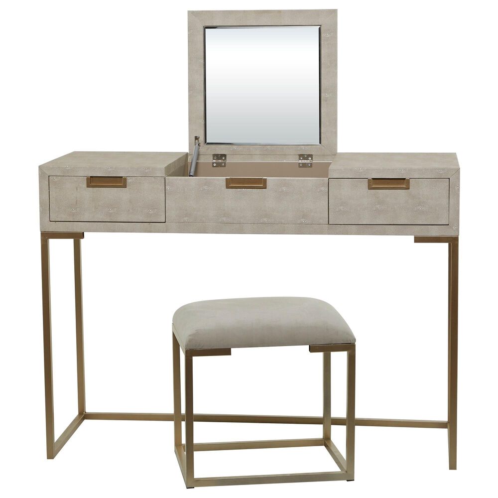 Maple and Jade Vanity Stool and Hidden Mirror in Light Gray and Gold, , large