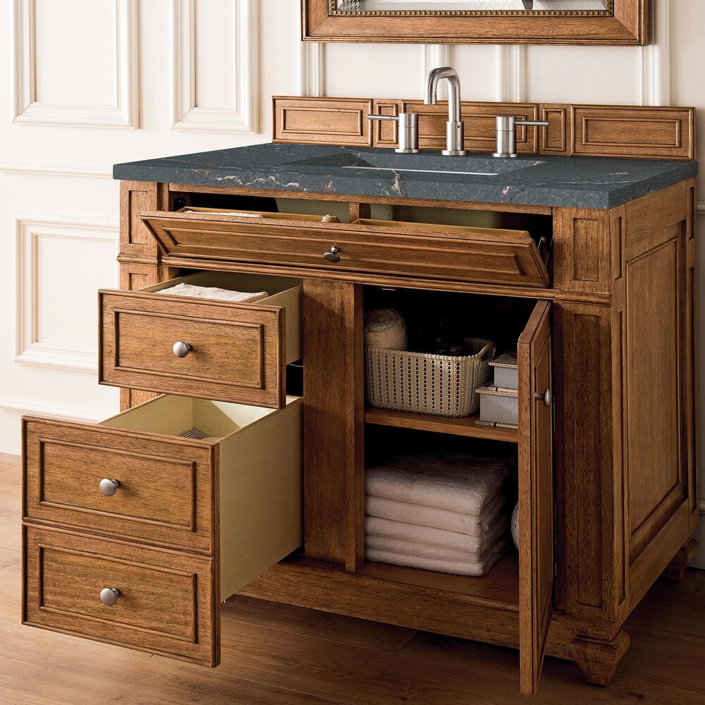 James Martin Vanities Bristol 36&quot; Single Bathroom Vanity in Saddle Brown with 3 cm Parisien Bleu Quartz Top and Rectangular Sink, , large
