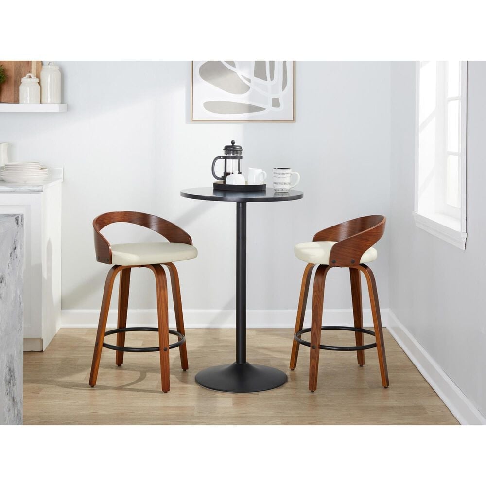 LumiSource Grotto 26" Swivel Counter Stool with Cream Faux Leather Upholstery in Walnut and Black (Set of 2), , large