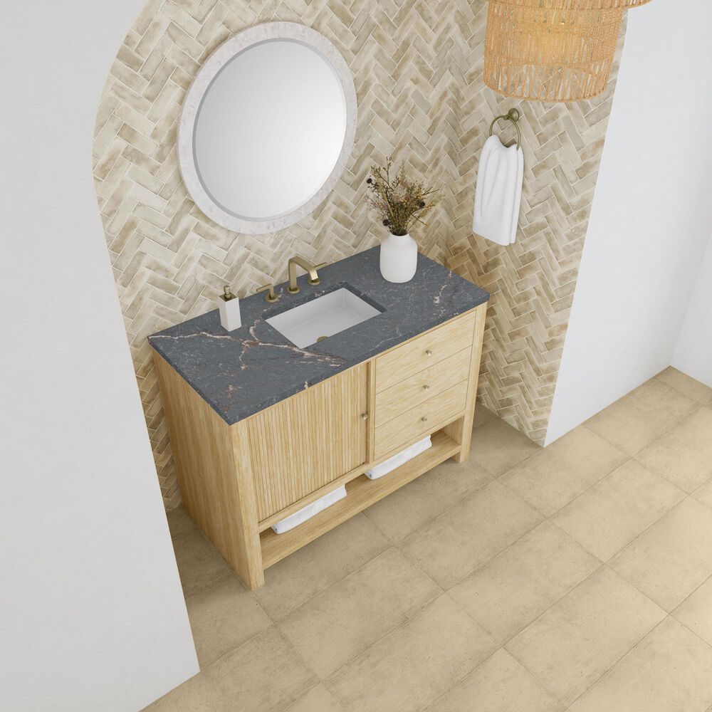 James Martin Vanities Marigot 48" Single Bathroom Vanity in Sunwashed Oak with 3 cm Parisien Bleu Quartz Top, Rectangular Sink and FreePower Wireless Charger, , large