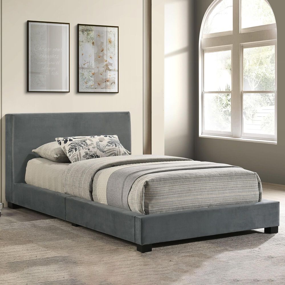 Mayberry Hill Brookhaven Upholstered Twin Panel Platform Bed in Gray, , large