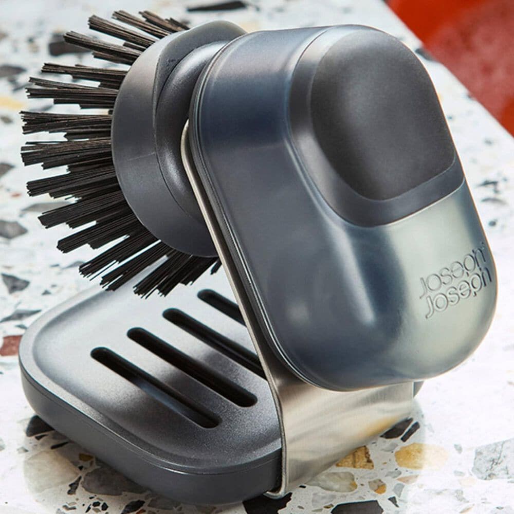Joseph Joseph SinkTech Compact Soap Dispensing Washing Up Brush with Steel Stand in Clear and Black, , large