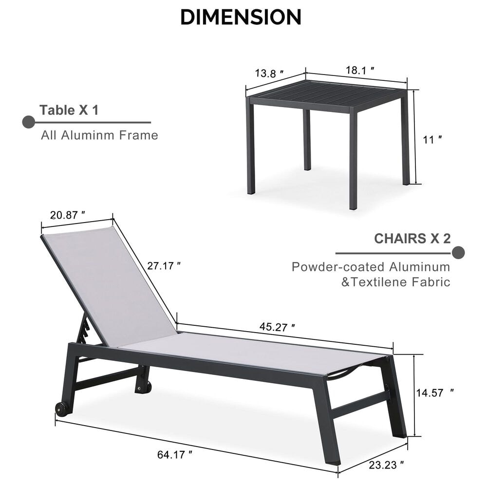 HOMLUX 3-Piece Patio Chaise Lounge Set with Wheels in Light Grey, , large
