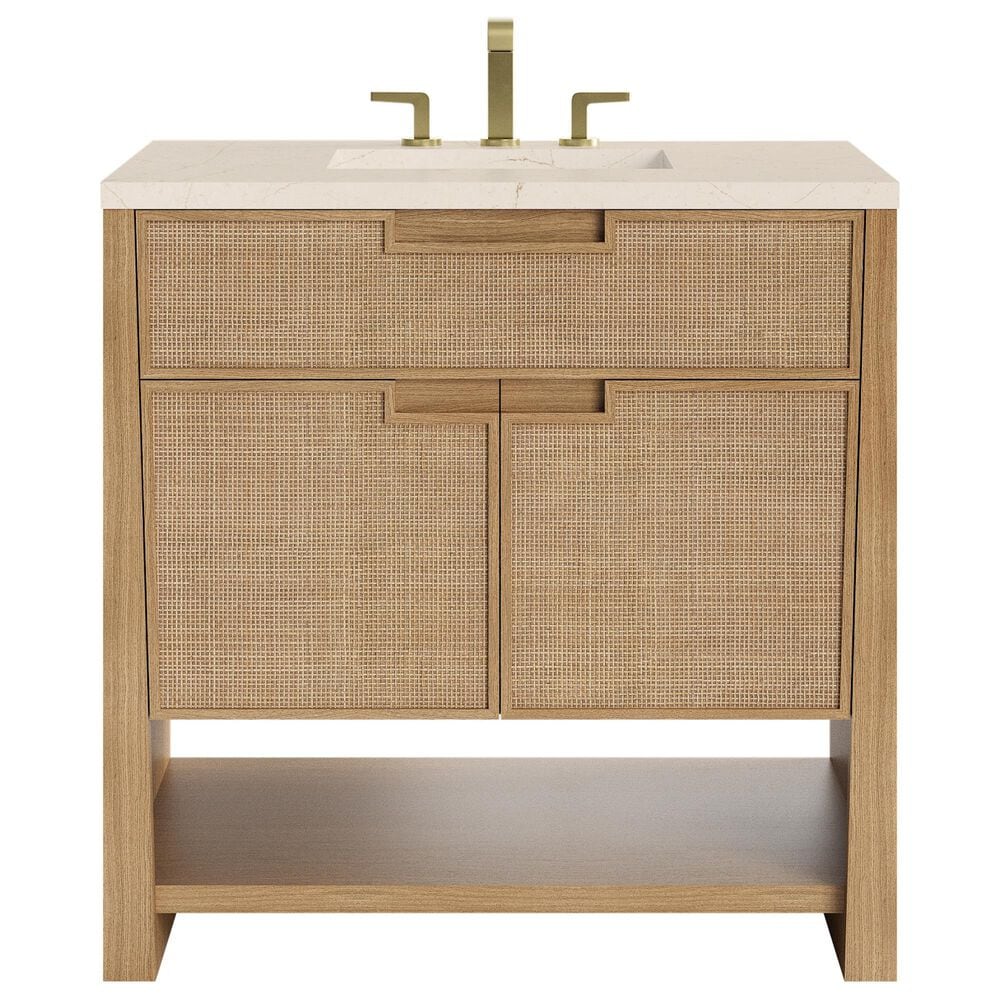 James Martin Vanities Solene 36" Single Bathroom Vanity in Seaside Oak with 3 cm Eternal Marfil Quartz Top and Rectangular Sink, , large