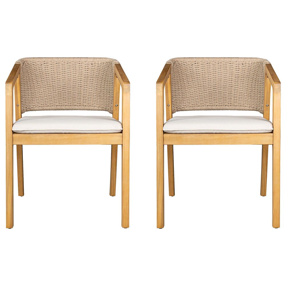 Hearth and Haven Patio Dining Chair with Rope-Design Backrest and Cushions in Light Teak (Set of 2), , large