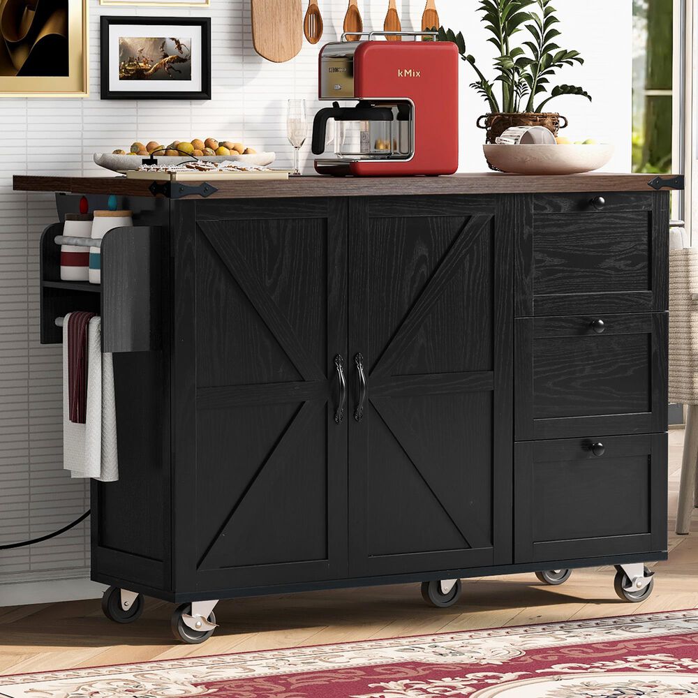 HOMLUX 55" Farmhouse Kitchen Island with Power Outlet in Black, , large