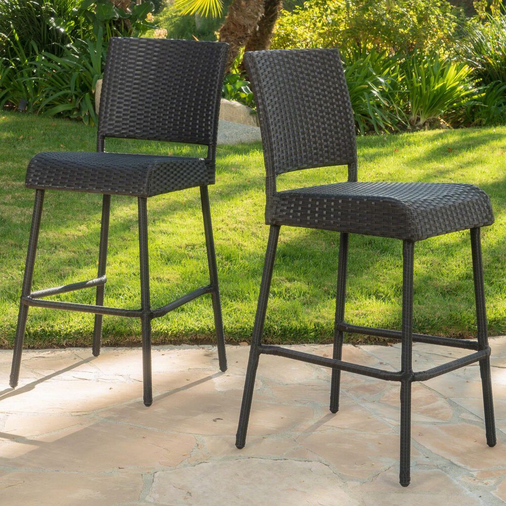 Hearth and Haven Outdoor Rattan Armless Barstool in Dark Brown (Set of 2), , large